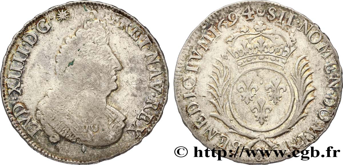 LOUIS XIV LE GRAND OU LE ROI SOLEIL Demi-écu aux palmes 1694 Aix-en-Provence TB+