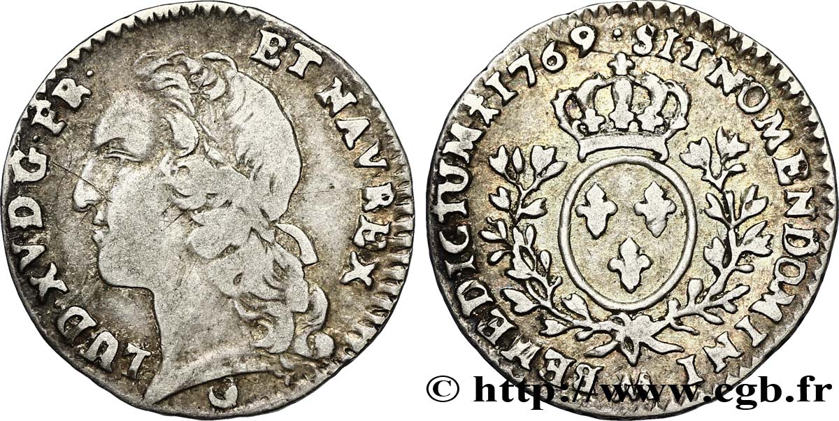 LOUIS XV DIT LE BIEN AIMÉ Dixième d&nbsp;écu aux branches d’olivier, tête ceinte d’un bandeau 1769 Metz TB/TB+