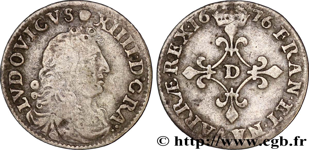 LOUIS XIV LE GRAND OU LE ROI SOLEIL Quatre sols à la croix formée de lis 1676 Vimy-en-Lyonnais (actuellement Neuville-sur-Saône) TB