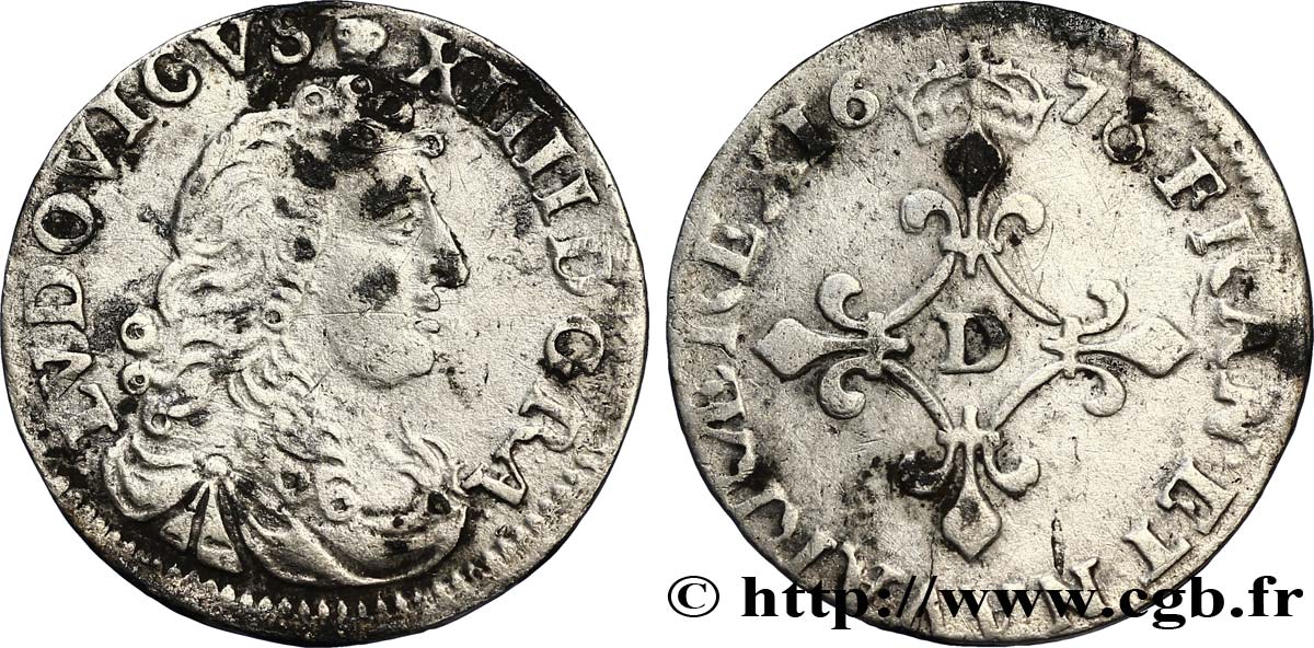 LOUIS XIV LE GRAND OU LE ROI SOLEIL Quatre sols à la croix formée de lis 1676 Vimy-en-Lyonnais (actuellement Neuville-sur-Saône) TTB