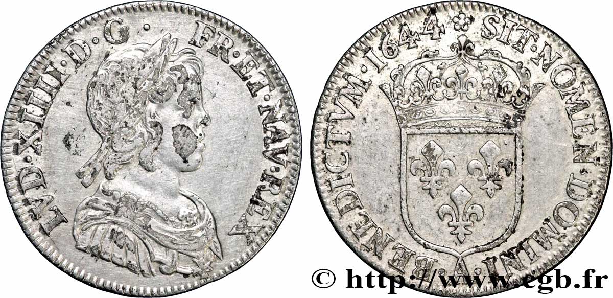 LOUIS XIV LE GRAND OU LE ROI SOLEIL Quart d&nbsp;écu, portrait à la mèche courte 1644 Paris, Monnaie de Matignon TB