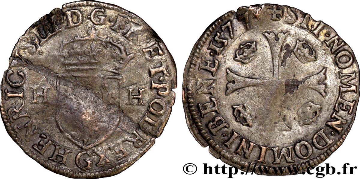 HENRI III Douzain aux deux H, 1er type 1577 Poitiers TB