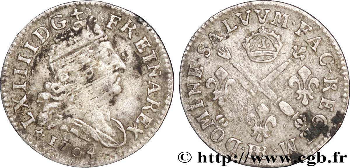 LOUIS XIV LE GRAND OU LE ROI SOLEIL Cinq sols aux insignes 1704 Strasbourg TB+