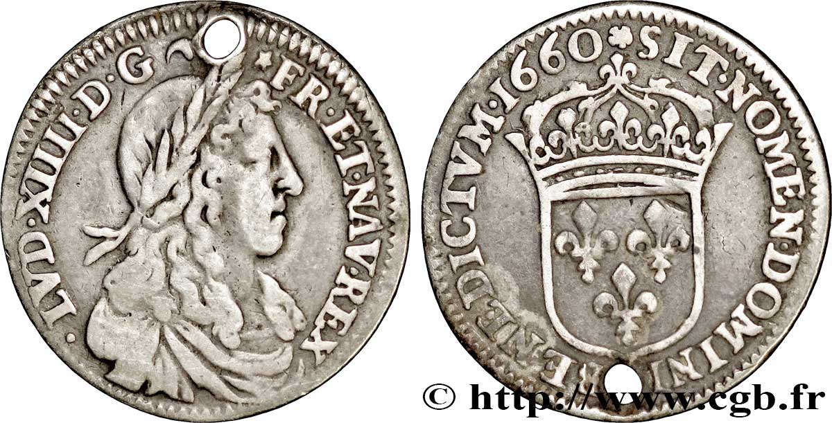 LOUIS XIV LE GRAND OU LE ROI SOLEIL Douzième d&nbsp;écu, portrait apollinien 1660 Rouen TB