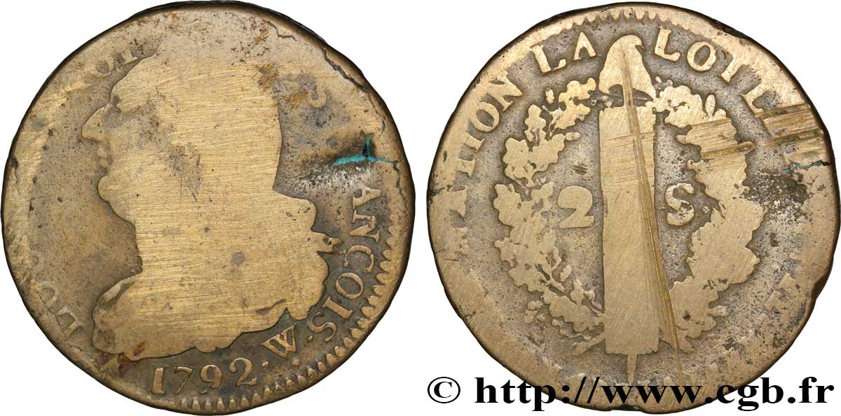 LOUIS XVI 2 sols dit  au faisceau , type FRANÇOIS 1792 Arras VG