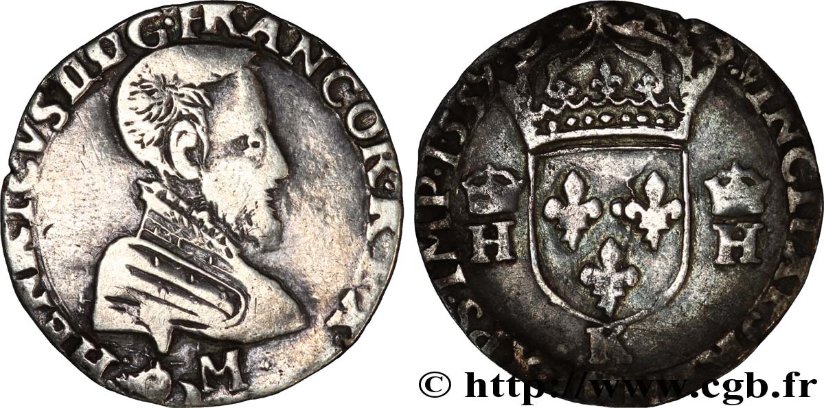 FRANÇOIS II. MONNAYAGE AU NOM D&nbsp;HENRI II Demi-teston à la tête nue, 3e type 1559 Bordeaux TB+/TTB