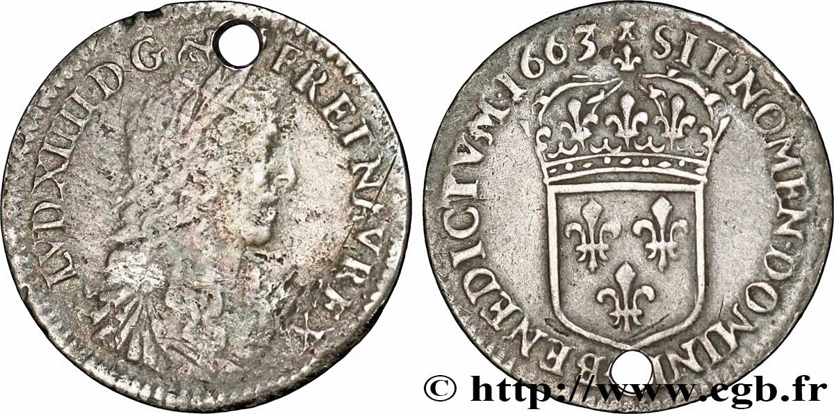 LOUIS XIV LE GRAND OU LE ROI SOLEIL Douzième d&nbsp;écu, portrait apollinien 1663 Paris TB