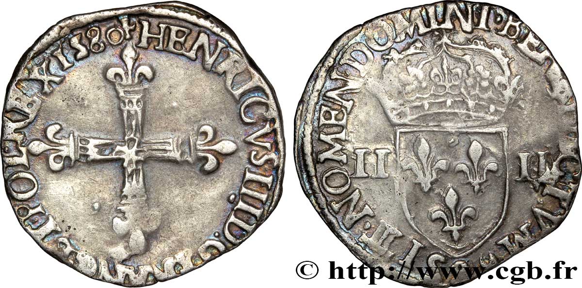 HENRI III Quart d écu, croix de face 1580 Rennes TTB