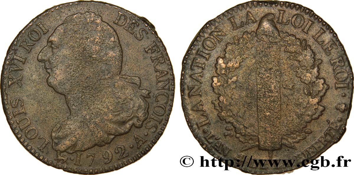 LOUIS XVI (MONARQUE CONSTITUTIONNEL)  2 sols dit &nbsp;au faisceau&nbsp;, type FRANÇOIS 1792 Paris TB+