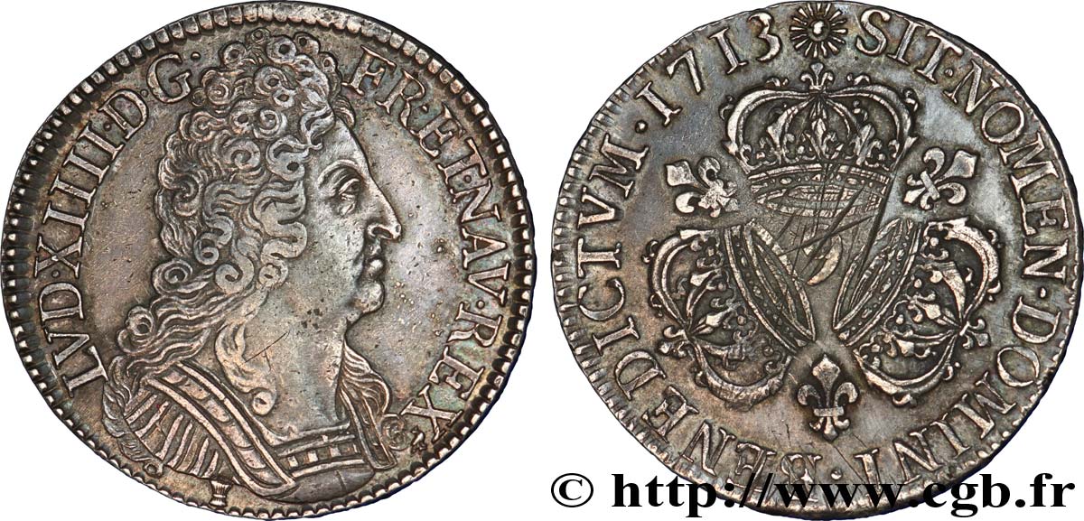 LOUIS XIV  THE SUN KING  Écu aux trois couronnes 1713 Rennes q.SPL/BB