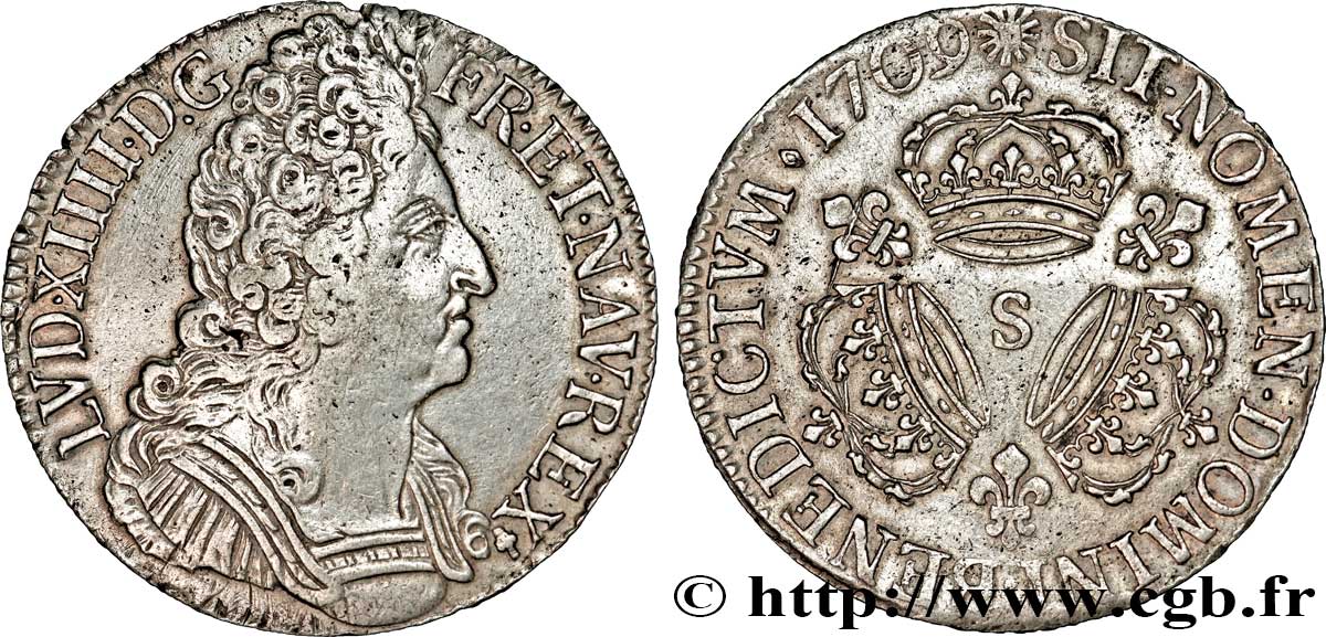 LOUIS XIV LE GRAND OU LE ROI SOLEIL Écu aux trois couronnes 1709 Reims TTB