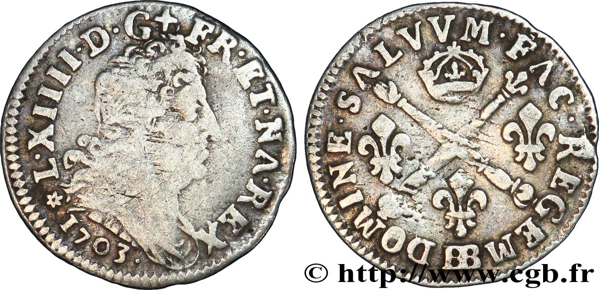 LOUIS XIV LE GRAND OU LE ROI SOLEIL Cinq sols aux insignes 1703 Strasbourg B+