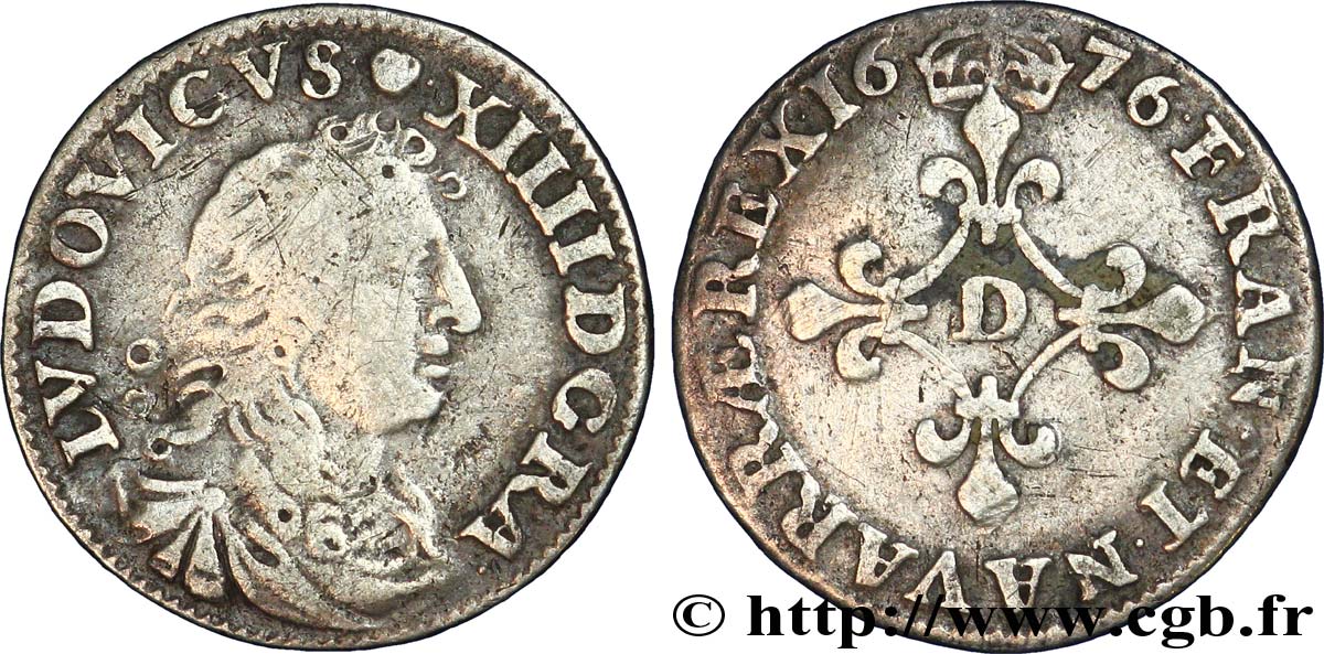 LOUIS XIV LE GRAND OU LE ROI SOLEIL Quatre sols à la croix formée de lis 1676 Vimy-en-Lyonnais (actuellement Neuville-sur-Saône) TB