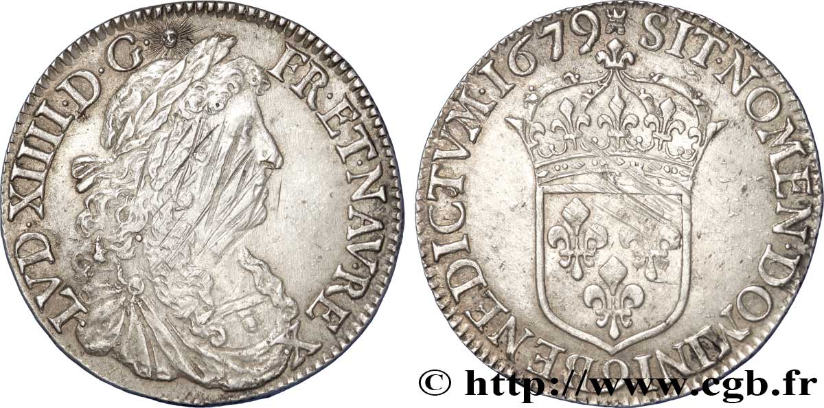 LOUIS XIV LE GRAND OU LE ROI SOLEIL Demi-écu, portrait apollinien 1679 Rennes TTB+