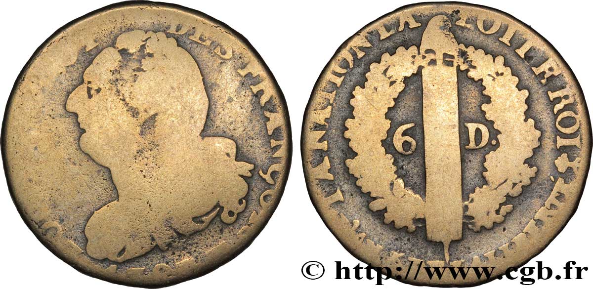 LOUIS XVI 6 deniers dit  au faisceau , type FRANÇOIS 1793 Nantes MC