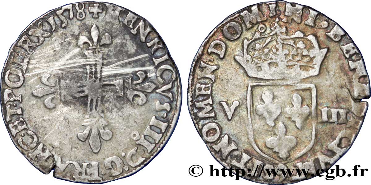 HENRI III Huitième d&nbsp;écu, croix de face 1578 Rennes TB