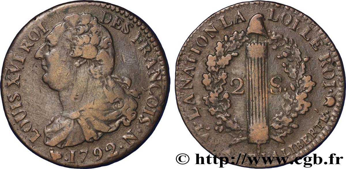 LOUIS XVI (MONARQUE CONSTITUTIONNEL)  2 sols dit  au faisceau , type FRANÇOIS 1792 Montpellier TTB/TB+