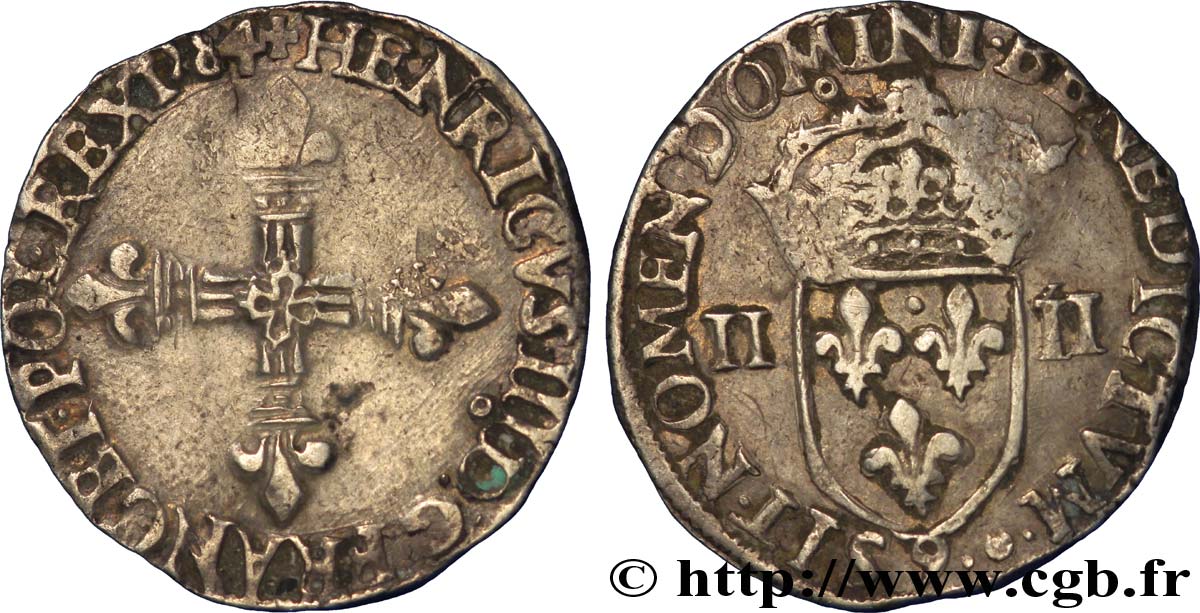 HENRI III Quart d écu, croix de face 1584 Rennes TB+