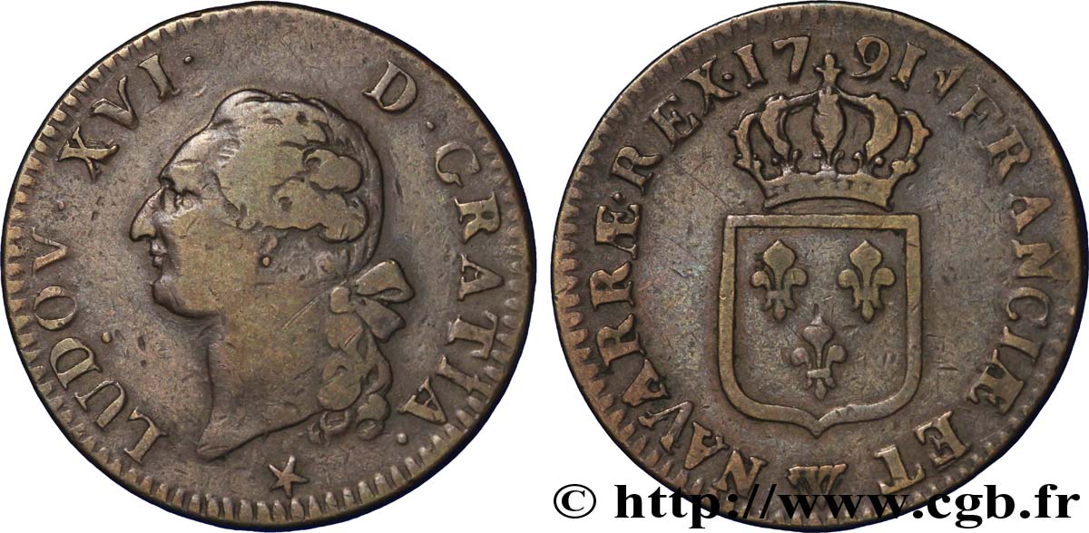 LOUIS XVI (MONARQUE CONSTITUTIONNEL)  Sol dit &nbsp;à l&nbsp;écu&nbsp; 1791 Lille TB+