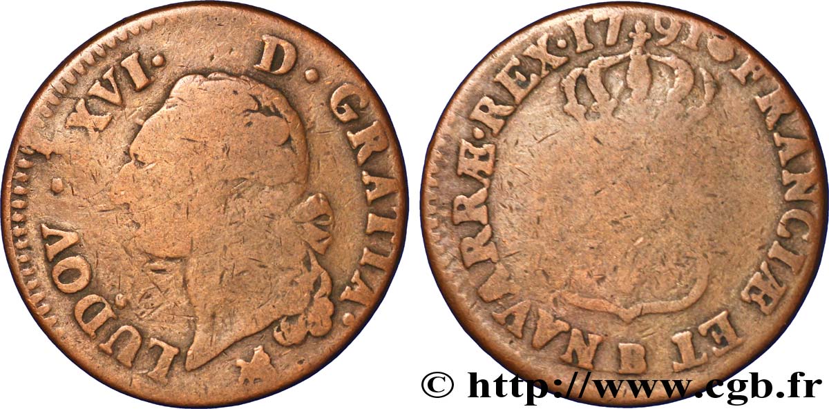 LOUIS XVI (MONARQUE CONSTITUTIONNEL)  Sol dit &nbsp;à l&nbsp;écu&nbsp; 1791 Rouen AB