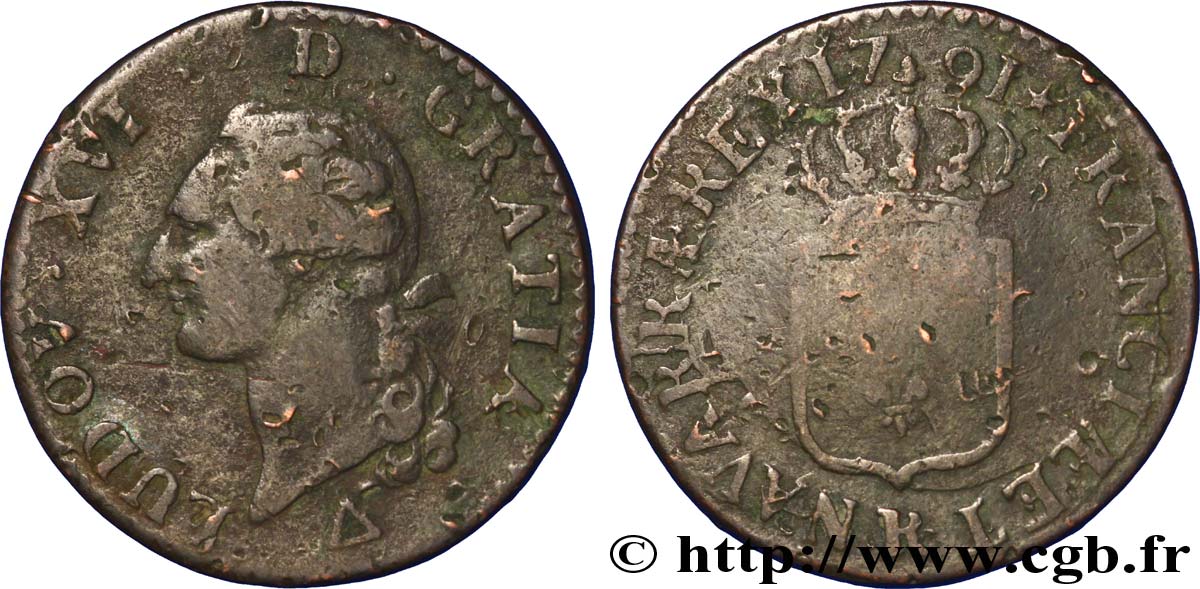 LOUIS XVI (MONARQUE CONSTITUTIONNEL)  Sol dit &nbsp;à l&nbsp;écu&nbsp; 1791 Orléans B+