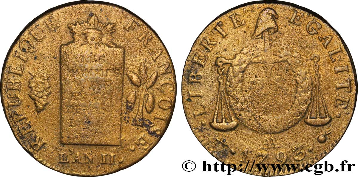 LA CONVENTION 2 sols dit  à la table de loi  1793 Metz TB+