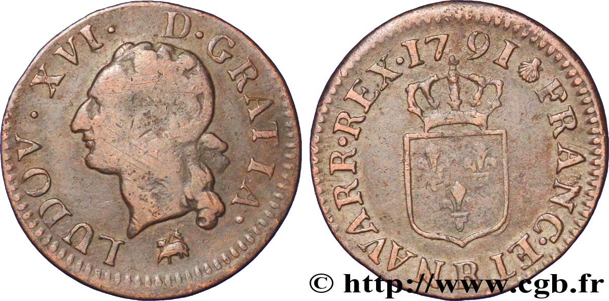 LOUIS XVI (MONARQUE CONSTITUTIONNEL)  Liard dit  à l écu  1791 Rouen B+/TB