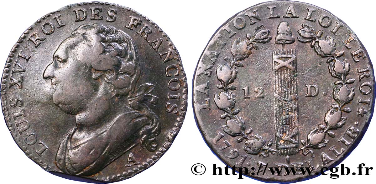 LOUIS XVI (MONARQUE CONSTITUTIONNEL)  12 deniers dit  au faisceau , type FRANÇOIS 1791 Paris TTB