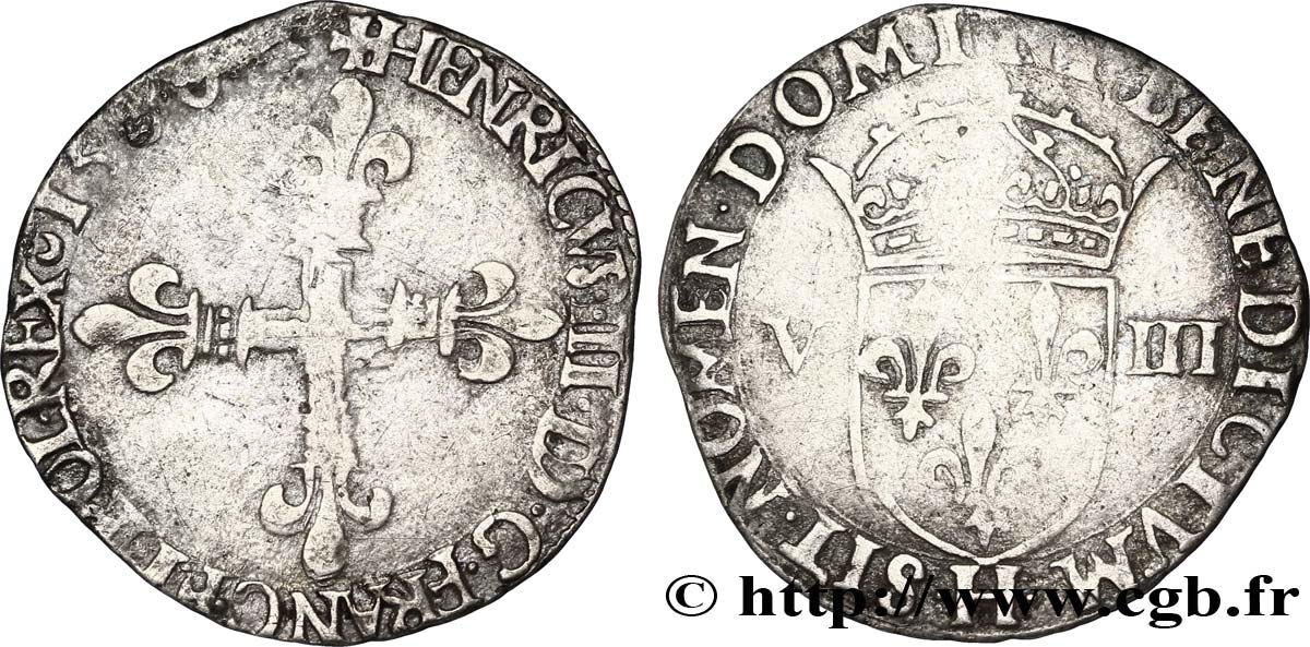 HENRI III Huitième d&nbsp;écu, croix de face 1580 La Rochelle TB+