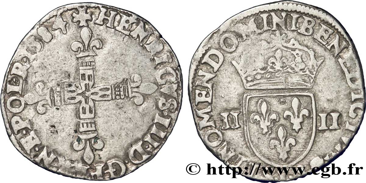 HENRY III Quart d écu, croix de face 1584 Bayonne VG