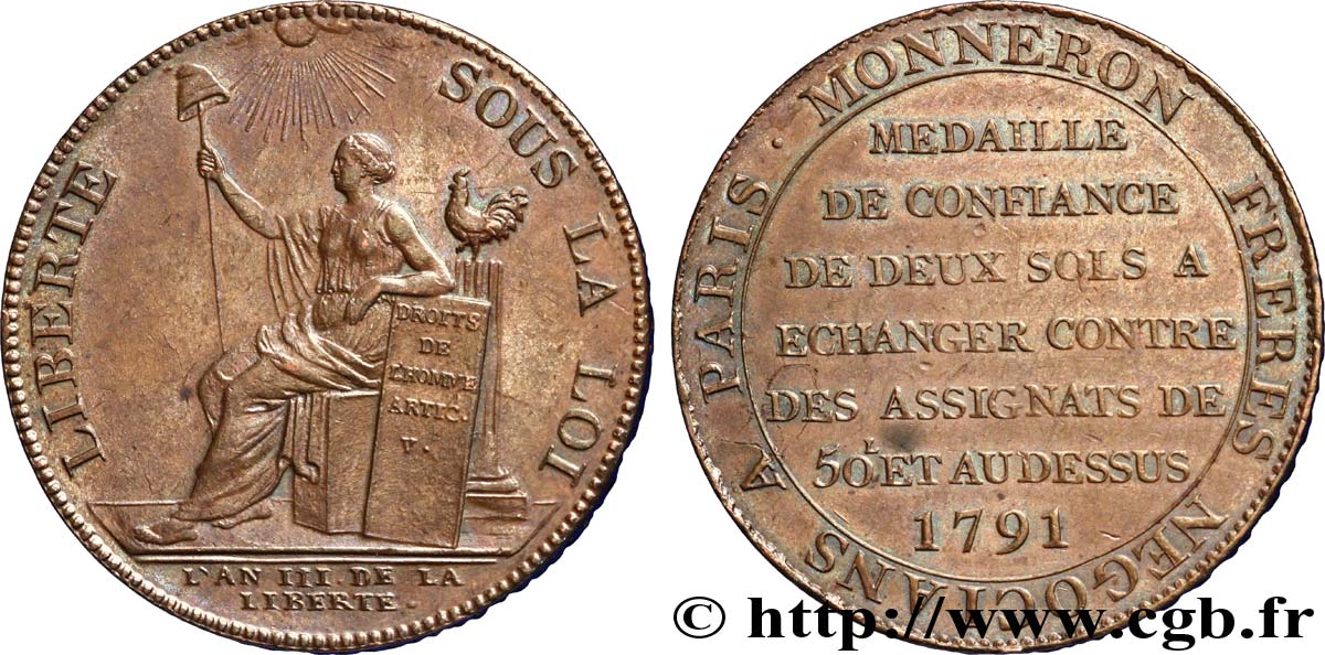 CONFIANCE (MONNAIES DE...) Monneron de 2 sols à la Liberté 1791 Birmingham, Soho TTB