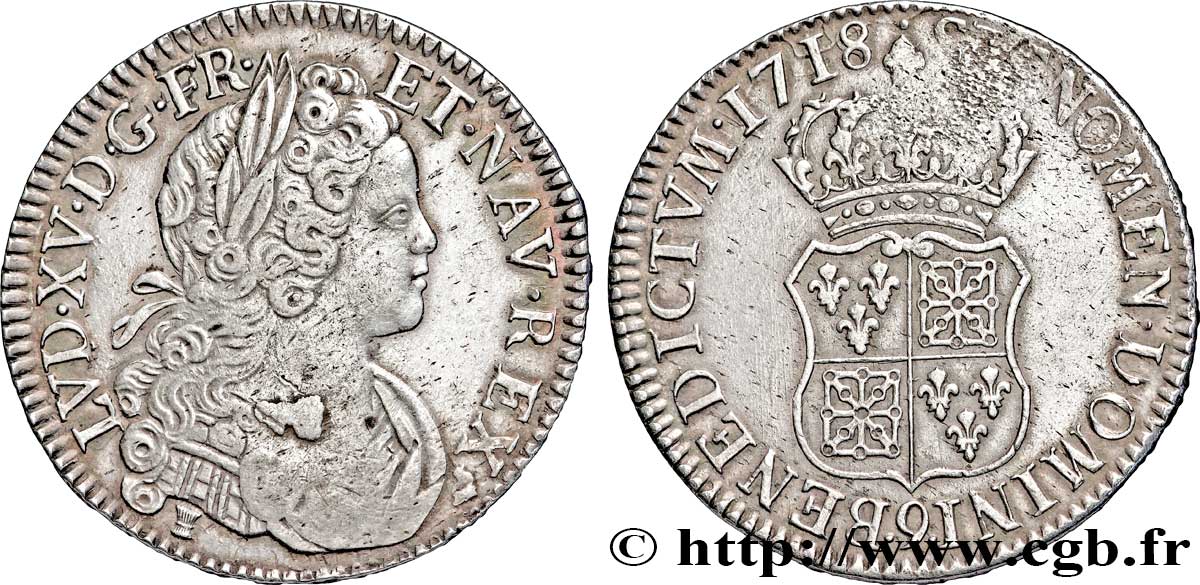 LOUIS XV DIT LE BIEN AIMÉ Écu dit &nbsp;de France-Navarre&nbsp; 1718 Rennes TTB