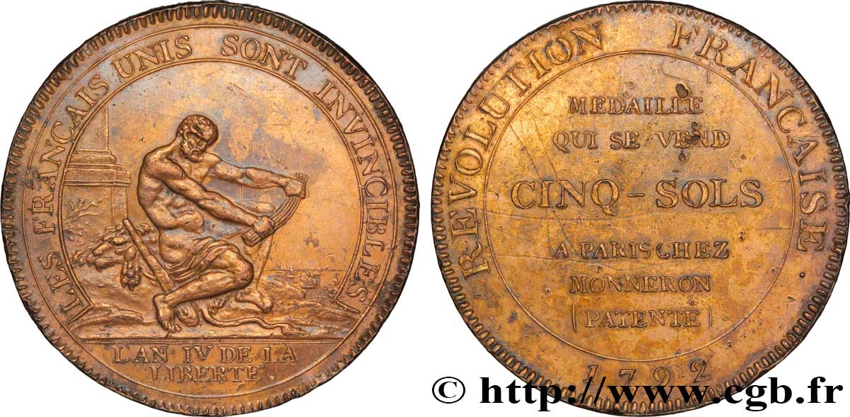 REVOLUTION COINAGE Monneron de 5 sols à l Hercule, frappe monnaie 1792 Birmingham, Soho XF