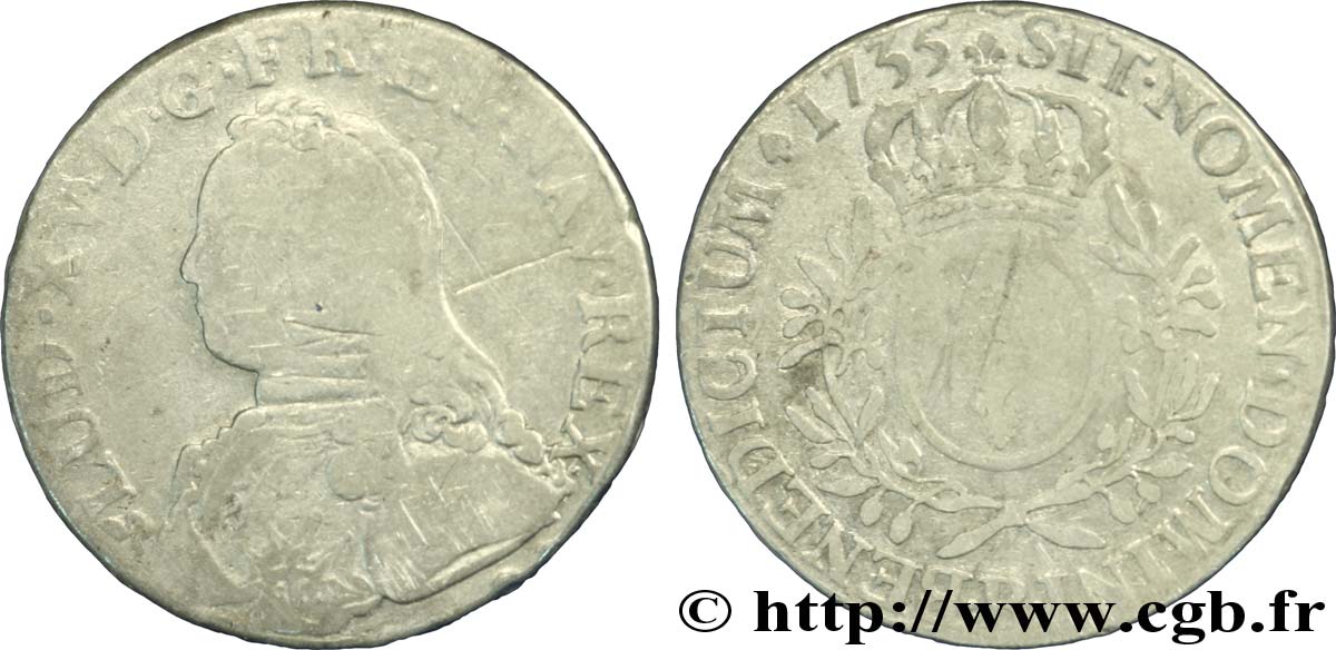 LOUIS XV DIT LE BIEN AIMÉ Écu aux branches d&nbsp;olivier, buste habillé 1735 Rouen B/TB