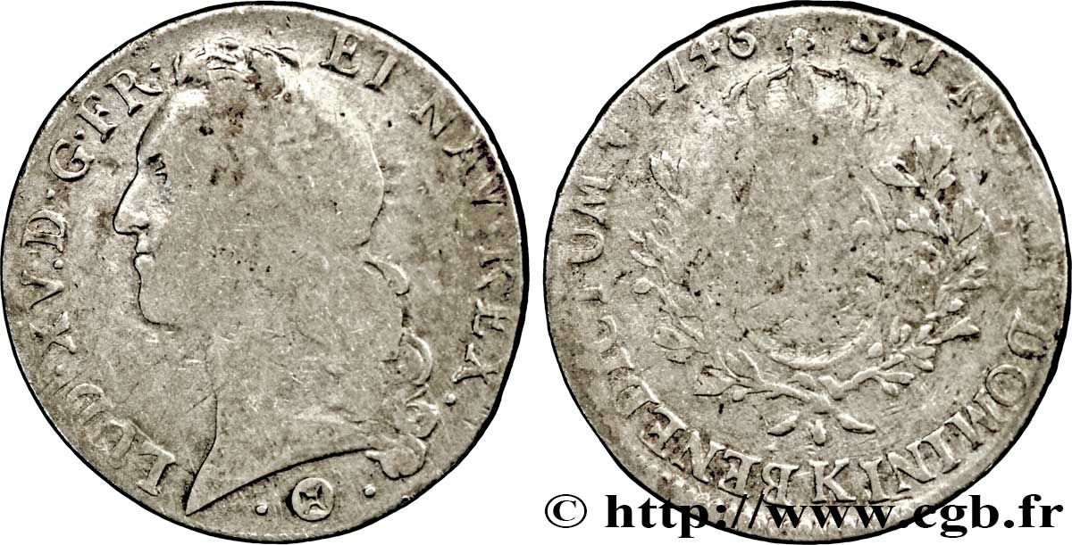 LOUIS XV DIT LE BIEN AIMÉ Écu aux branches d’olivier, tête ceinte d’un bandeau 1746 Bordeaux B+