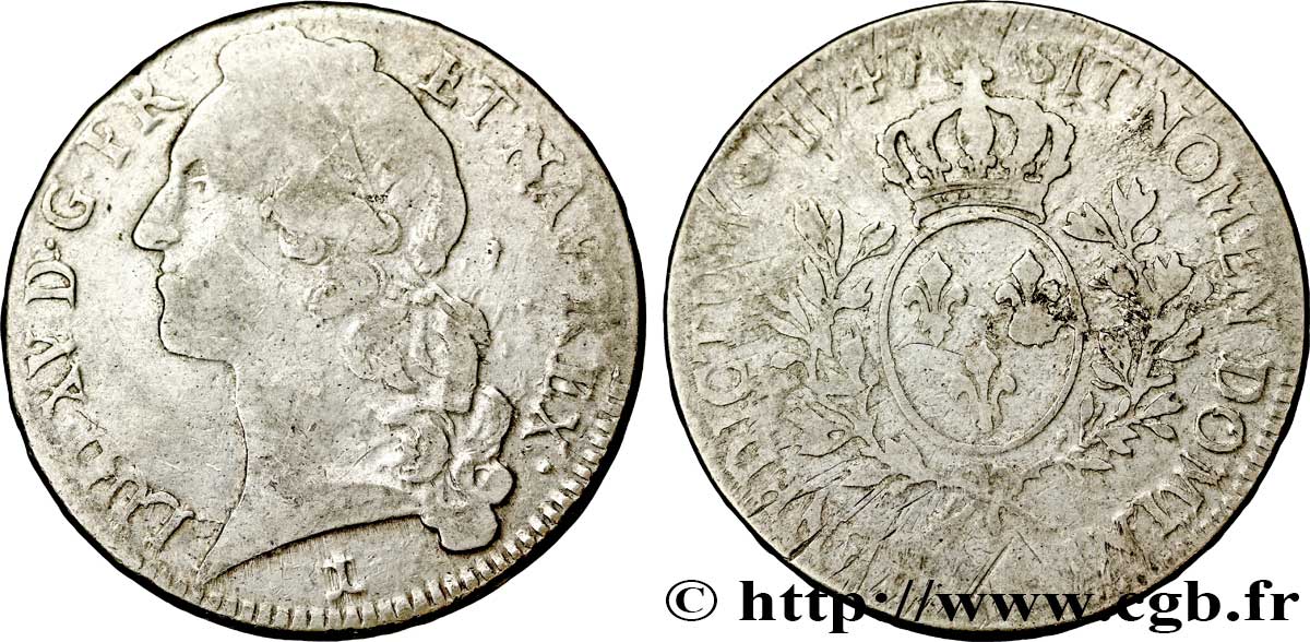 LOUIS XV DIT LE BIEN AIMÉ Écu aux branches d’olivier, tête ceinte d’un bandeau 1747 Dijon B+