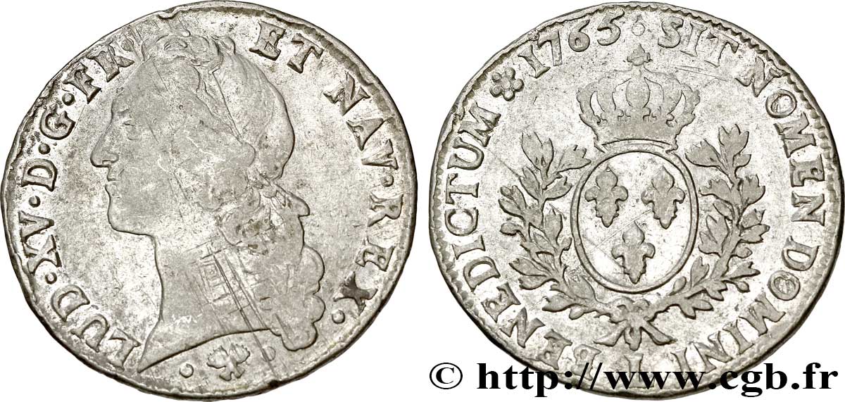 LOUIS XV DIT LE BIEN AIMÉ Écu aux branches d’olivier, tête ceinte d’un bandeau 1765 Bayonne TTB