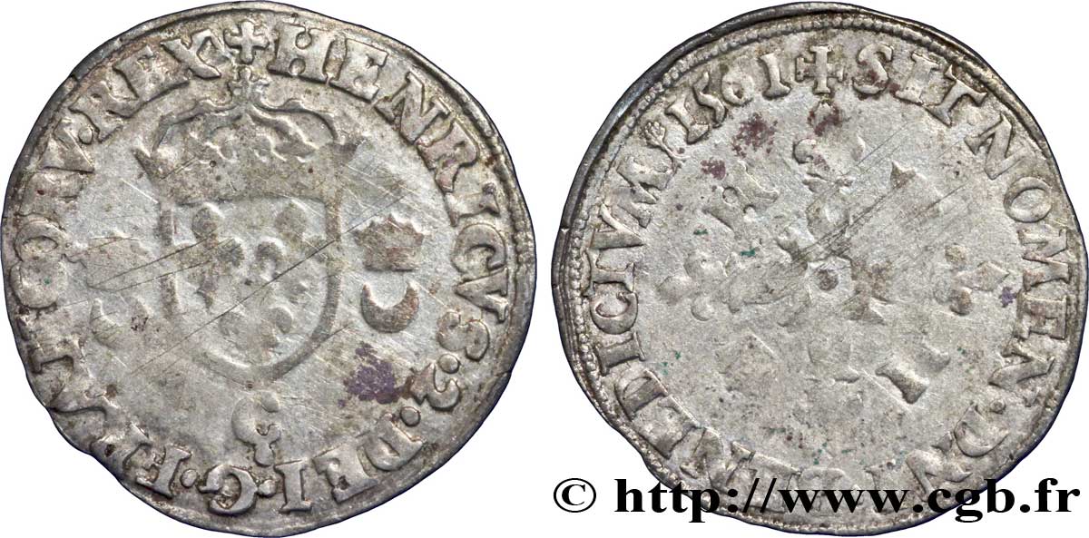 CHARLES IX COINAGE IN THE NAME OF HENRY II Douzain aux croissants 1561 Saint-Lô VF
