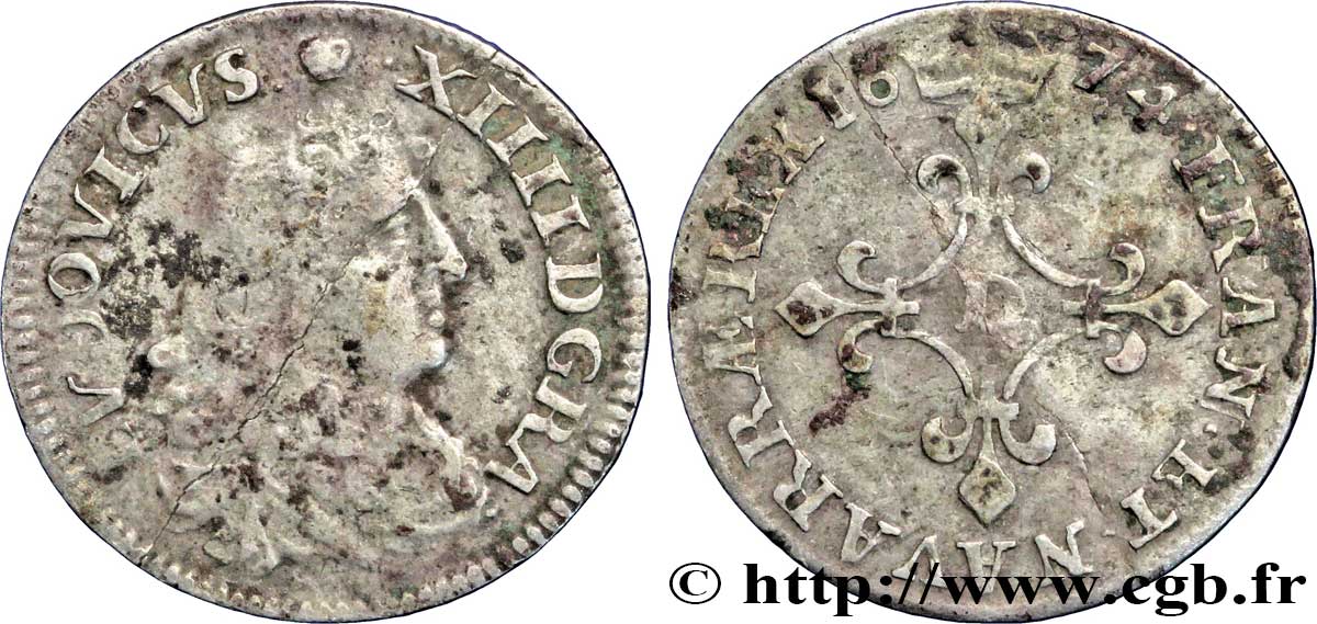 LOUIS XIV LE GRAND OU LE ROI SOLEIL Quatre sols à la croix formée de lis 1674 Vimy-en-Lyonnais (actuellement Neuville-sur-Saône) B