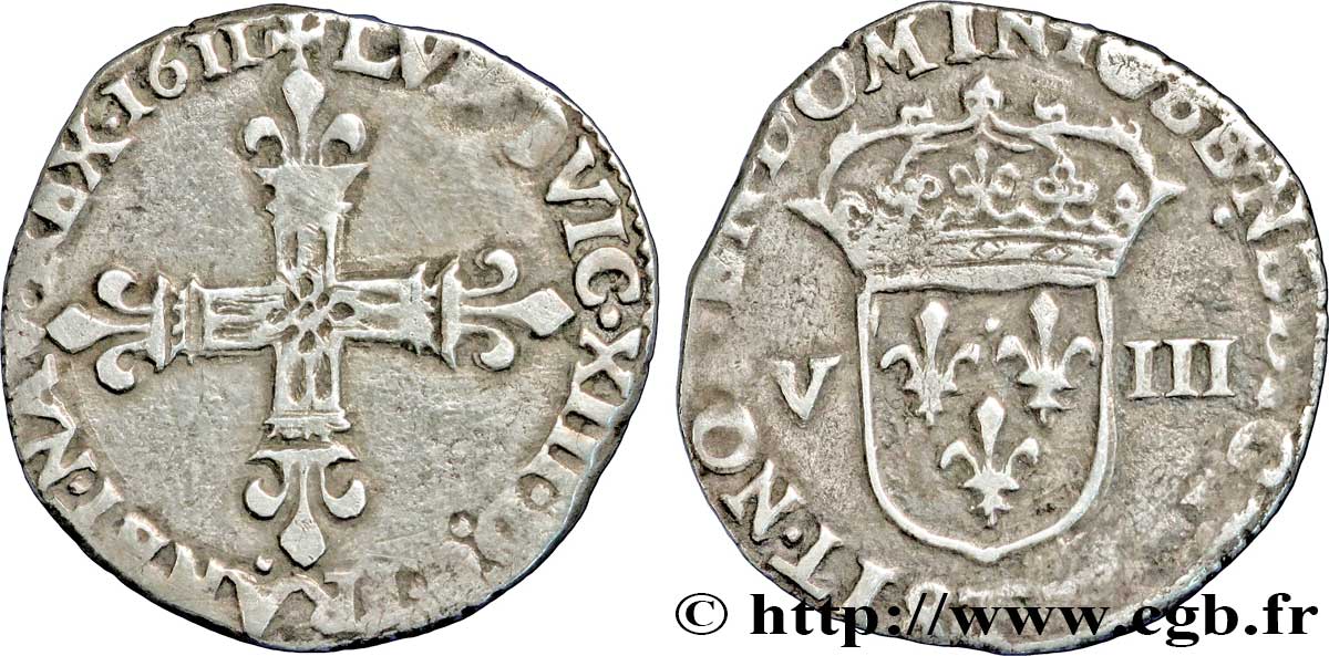 LOUIS XIII LE JUSTE Huitième d&nbsp;écu, à la croix fleurdelisée, titulature côté croix 1611 Nantes TB+