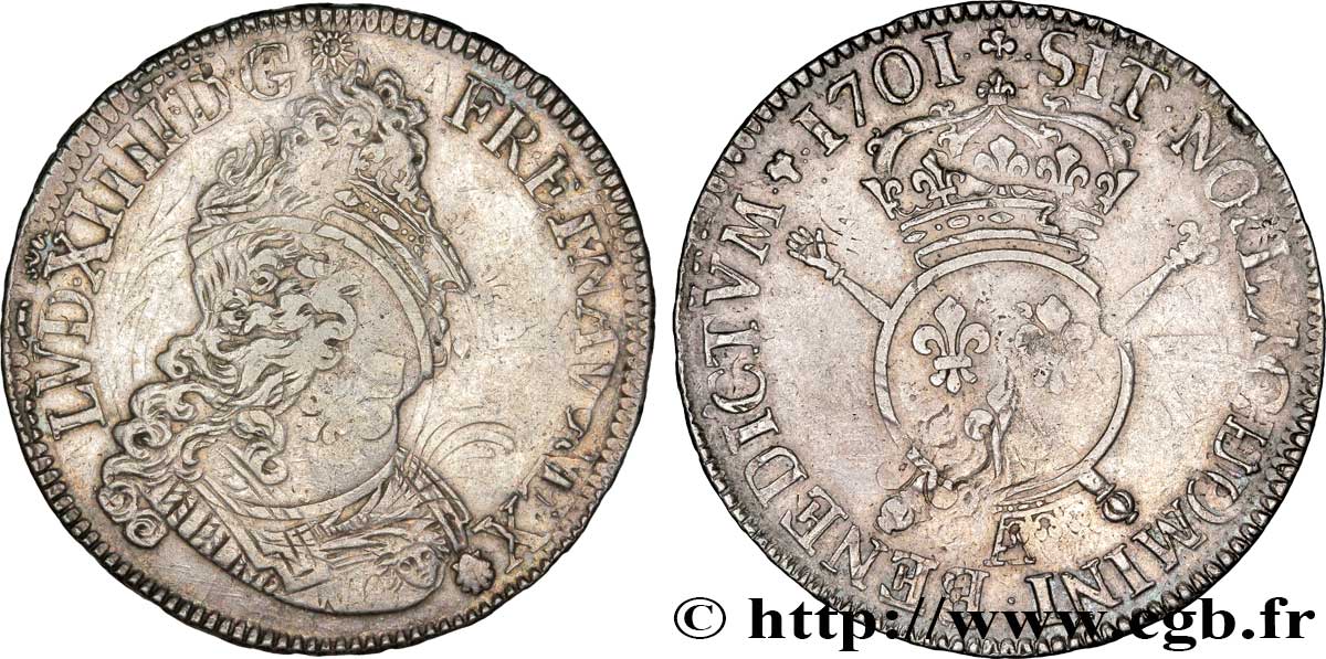 LOUIS XIV LE GRAND OU LE ROI SOLEIL Écu aux insignes 1701 Paris TTB