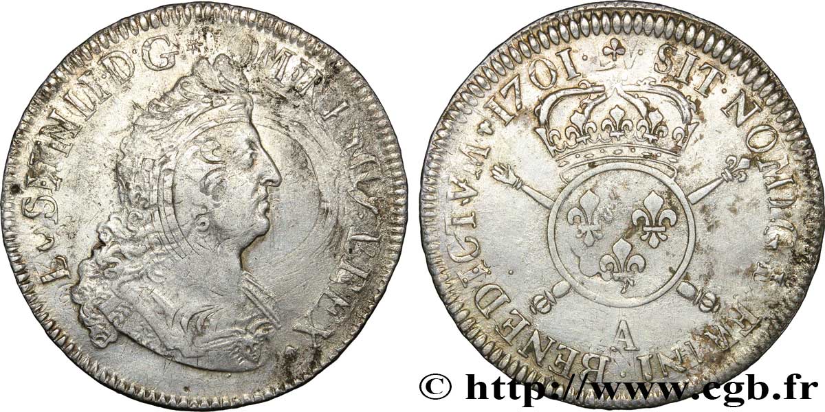 LOUIS XIV LE GRAND OU LE ROI SOLEIL Demi-écu aux insignes 1701 Paris TB+/TTB