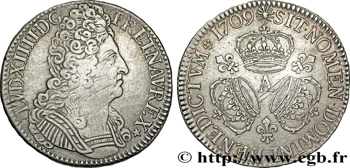 LOUIS XIV  THE SUN KING  Écu aux trois couronnes 1709 Paris SS/fVZ
