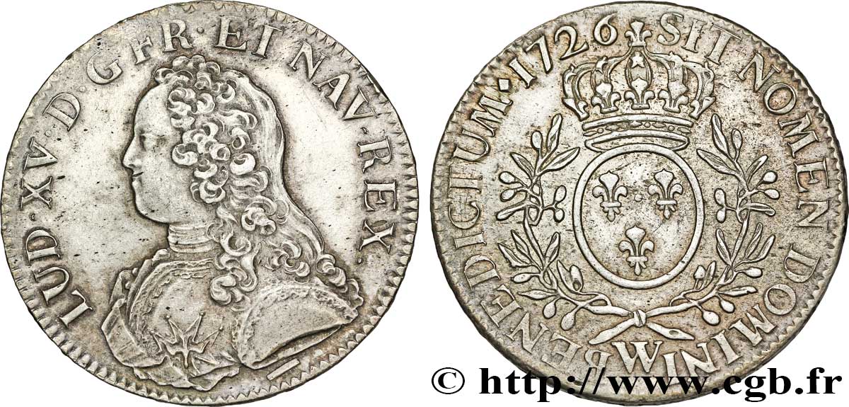 LOUIS XV DIT LE BIEN AIMÉ Écu aux branches d&nbsp;olivier, buste habillé 1726 Lille TTB+