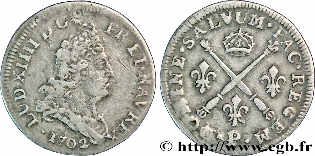 LOUIS XIV LE GRAND OU LE ROI SOLEIL Cinq sols aux insignes 1702 Dijon TB/TTB