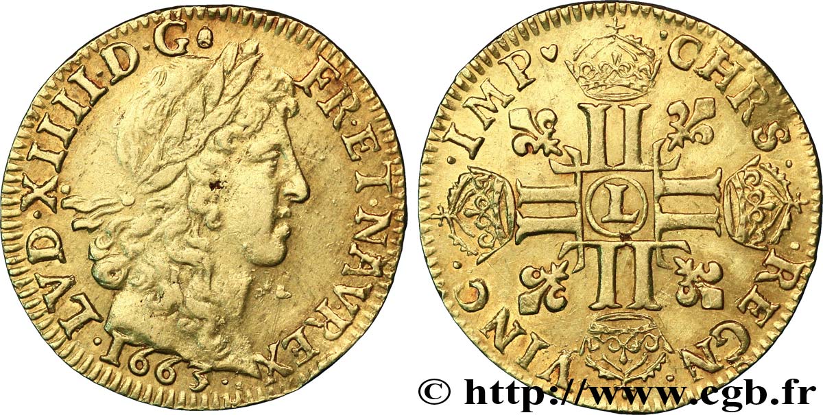 LOUIS XIV  THE SUN KING  Louis d or aux huit L, portrait apollinien 1663 Bayonne MBC+/EBC
