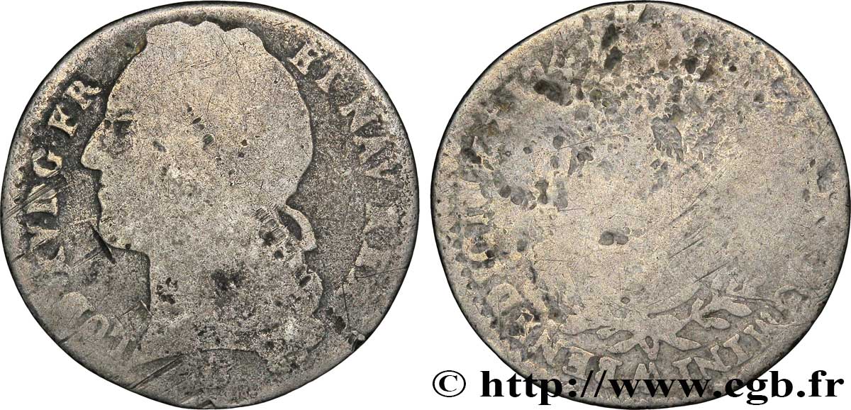 LOUIS XV DIT LE BIEN AIMÉ Dixième d écu aux branches d’olivier, tête ceinte d’un bandeau n.d. Metz AB