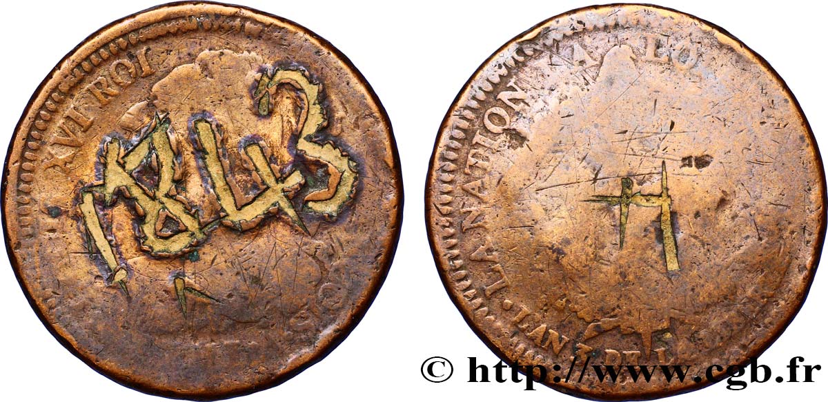 LOUIS XVI (MONARQUE CONSTITUTIONNEL)  2 sols dit &nbsp;au faisceau&nbsp;, type FRANÇOIS 1791 Paris AB