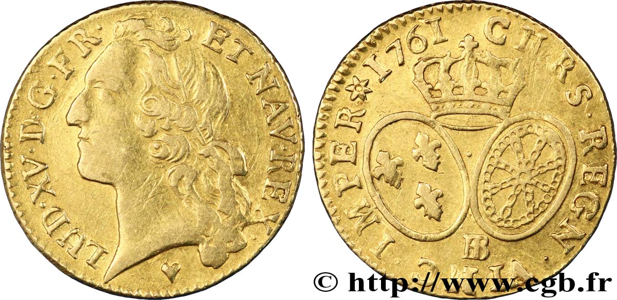 LOUIS XV  THE WELL-BELOVED  Louis d’or aux écus ovales, tête ceinte d’un bandeau 1761 Strasbourg XF