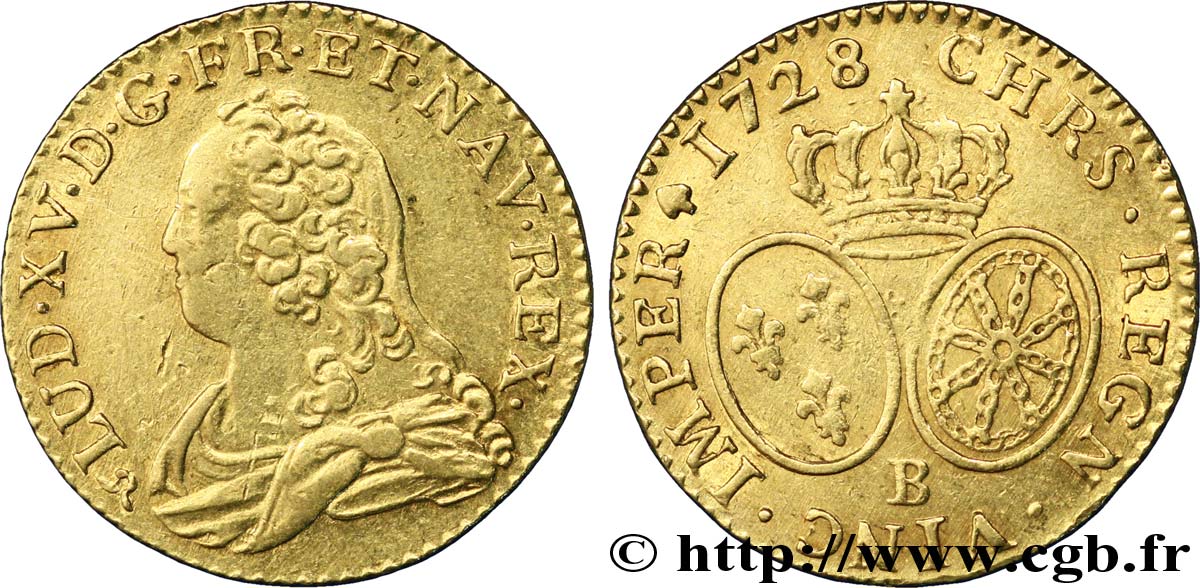 LOUIS XV &nbsp;THE WELL-BELOVED&nbsp; Louis d&nbsp;or aux écus ovales, buste habillé 1728 Rouen XF/AU